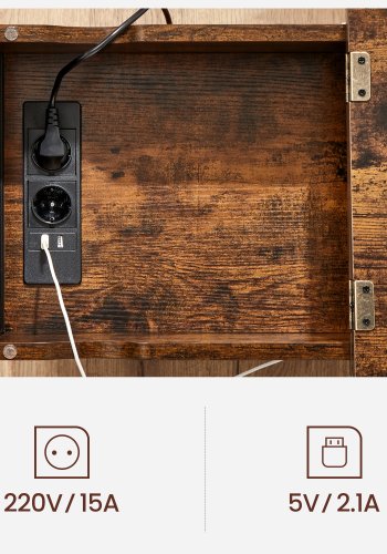 VASAGLE sidebord, m. opbevaring, USB-port, 2 elstik, 1 hylde, stoftaske - rustik brun spnplade/stl