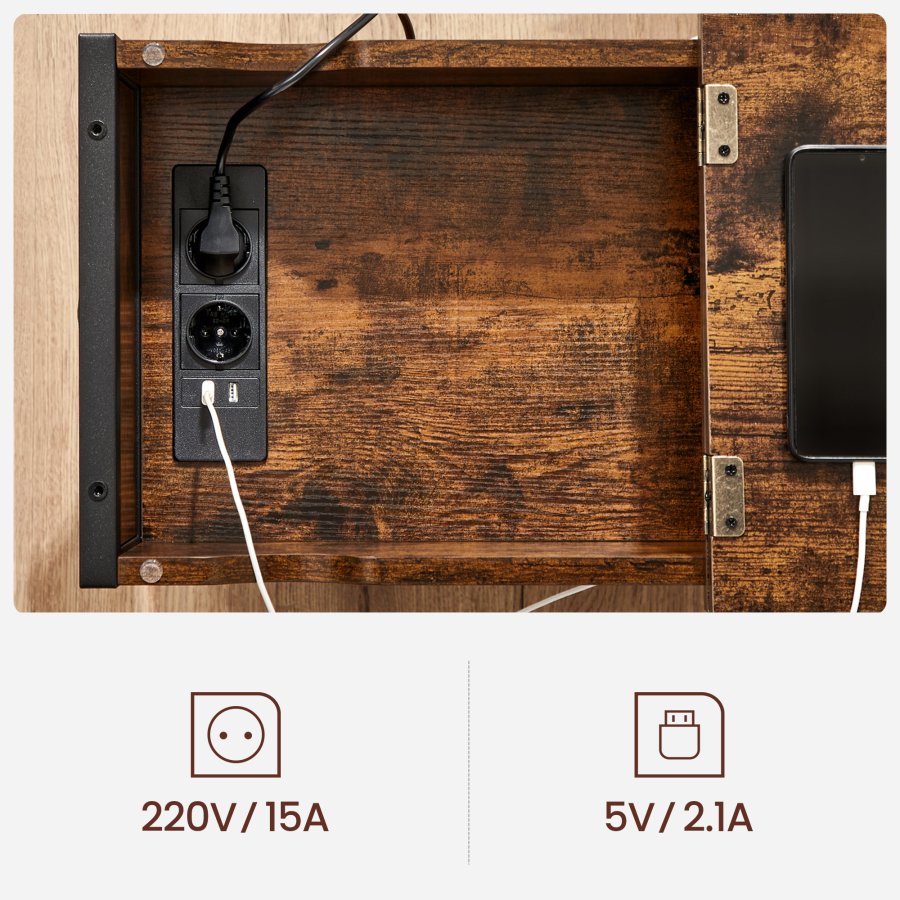VASAGLE sidebord, m. opbevaring, USB-port, 2 elstik, 1 hylde, stoftaske - rustik brun spnplade/stl