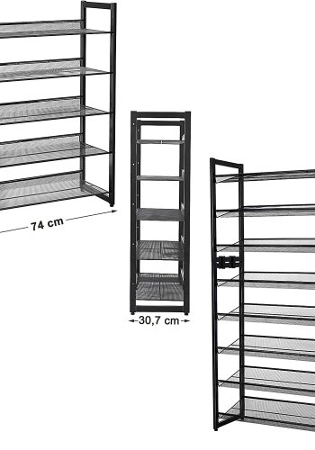 SONGMICS 5-lags skostativ i metalnet med flade vinklede hylder, store stabelbare og justerbare stvler Opbevaringsorganer i entreskab LMR005B, sort