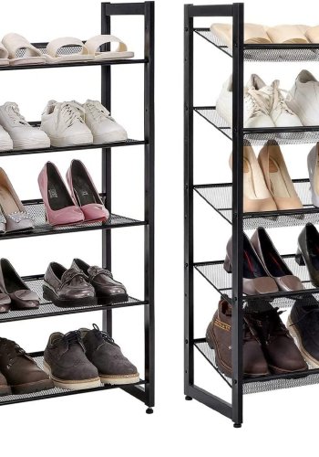 SONGMICS 5-lags skostativ i metalnet med flade vinklede hylder, store stabelbare og justerbare stvler Opbevaringsorganer i entreskab LMR005B, sort