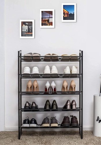 SONGMICS 5-lags skostativ i metalnet med flade vinklede hylder, store stabelbare og justerbare stvler Opbevaringsorganer i entreskab LMR005B, sort