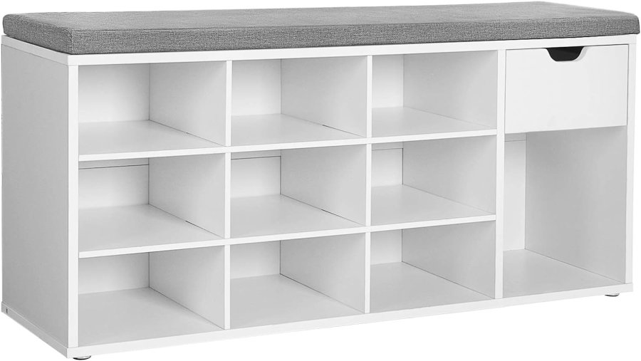 VASAGLE entrébnk, m. hynde, 1 skuffe og 10 rum - gr imiteret linned og hvid spnplade (104x30)