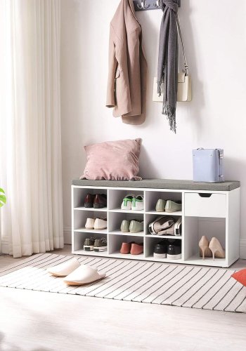 VASAGLE entrébnk, m. hynde, 1 skuffe og 10 rum - gr imiteret linned og hvid spnplade (104x30)