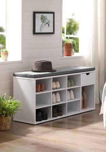 VASAGLE entrébnk, m. hynde, 1 skuffe og 10 rum - gr imiteret linned og hvid spnplade (104x30)