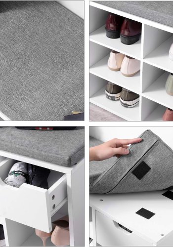 VASAGLE entrébnk, m. hynde, 1 skuffe og 10 rum - gr imiteret linned og hvid spnplade (104x30)