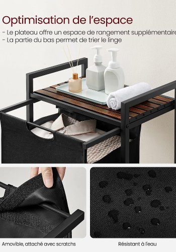 VASAGLE vasketjskurv, m. udtrkkelig og aftagelig vasketjspose, 1 hylde - brun MDF og sort stl