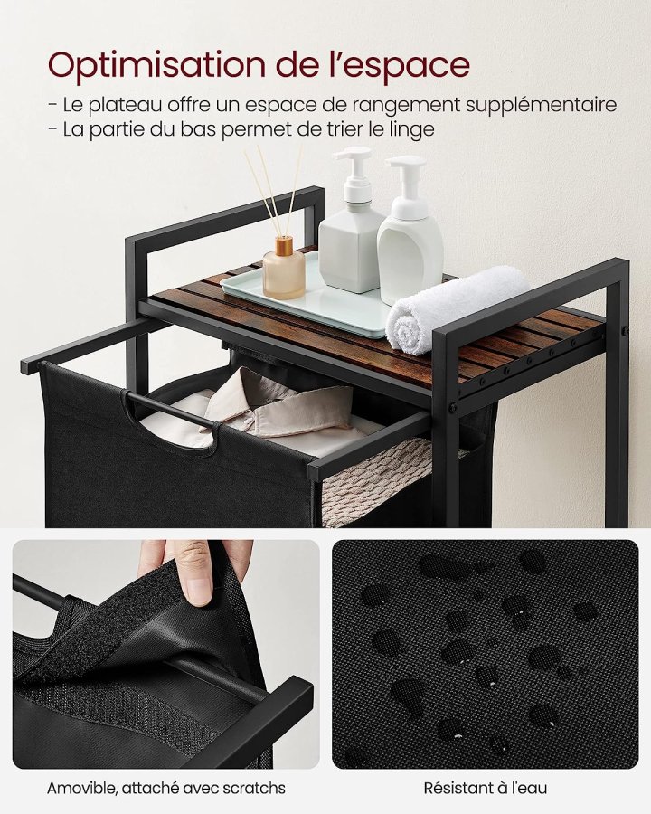 VASAGLE vasketjskurv, m. udtrkkelig og aftagelig vasketjspose, 1 hylde - brun MDF og sort stl