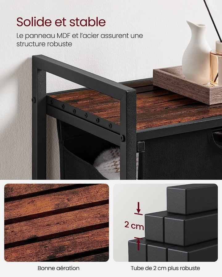 VASAGLE vasketjskurv, m. udtrkkelig og aftagelig vasketjspose, 1 hylde - brun MDF og sort stl