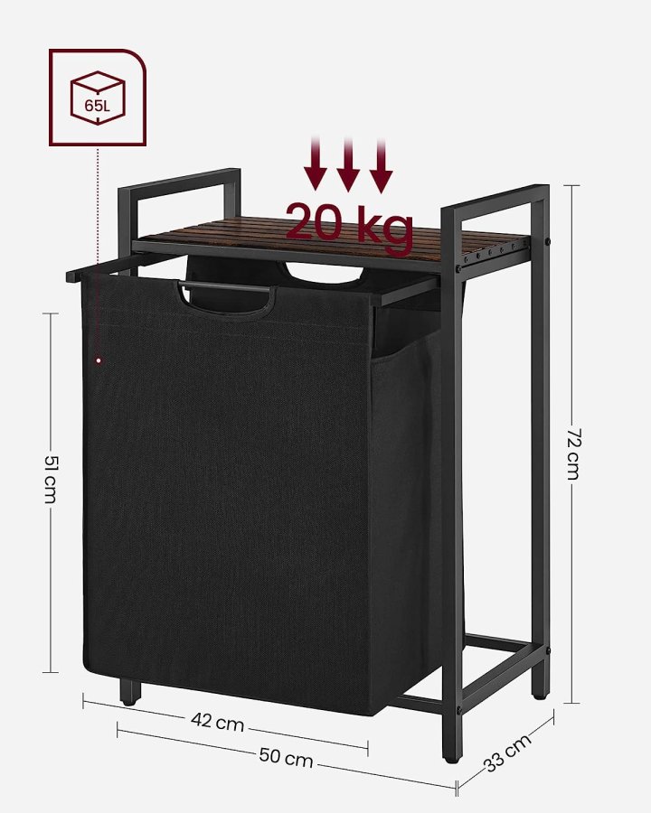 VASAGLE vasketjskurv, m. udtrkkelig og aftagelig vasketjspose, 1 hylde - brun MDF og sort stl