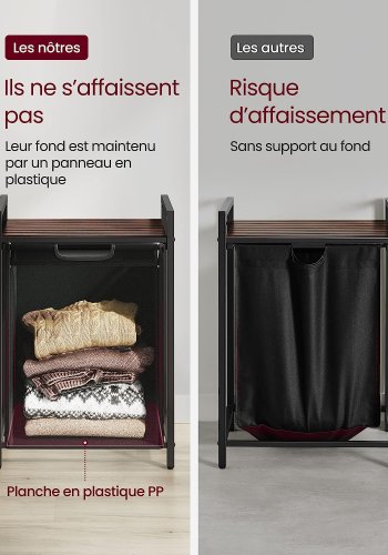 VASAGLE vasketjskurv, m. udtrkkelig og aftagelig vasketjspose, 1 hylde - brun MDF og sort stl