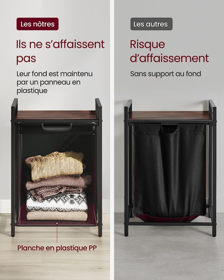 VASAGLE vasketjskurv, m. udtrkkelig og aftagelig vasketjspose, 1 hylde - brun MDF og sort stl