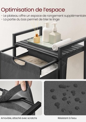 VASAGLE vasketjskurv, m. udtrkkelig og aftagelig vasketjspose, 1 hylde - gr stof, sort MDF/stl