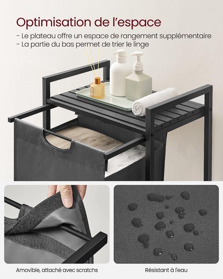 VASAGLE vasketjskurv, m. udtrkkelig og aftagelig vasketjspose, 1 hylde - gr stof, sort MDF/stl