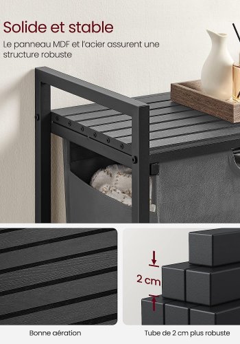 VASAGLE vasketjskurv, m. udtrkkelig og aftagelig vasketjspose, 1 hylde - gr stof, sort MDF/stl