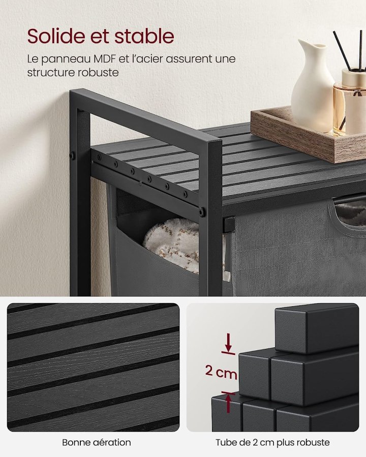 VASAGLE vasketjskurv, m. udtrkkelig og aftagelig vasketjspose, 1 hylde - gr stof, sort MDF/stl