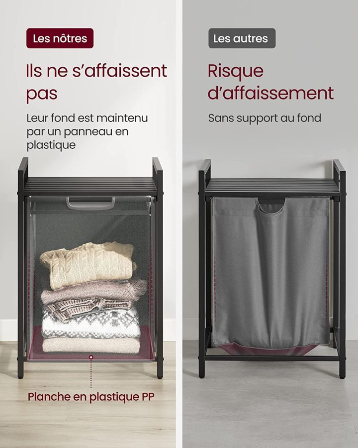 VASAGLE vasketjskurv, m. udtrkkelig og aftagelig vasketjspose, 1 hylde - gr stof, sort MDF/stl