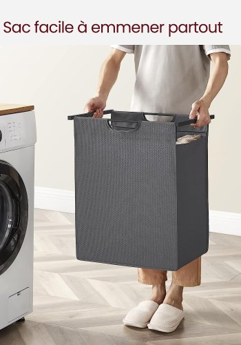 VASAGLE vasketjskurv, m. udtrkkelig og aftagelig vasketjspose, 1 hylde - gr stof, sort MDF/stl