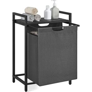VASAGLE vasketjskurv, m. udtrkkelig og aftagelig vasketjspose, 1 hylde - gr stof, sort MDF/stl