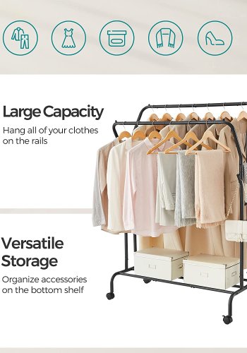 SONGMICS dobbelt tjstativ, m. 2 bjlestnger, 1 hylde, hjul - sort stl