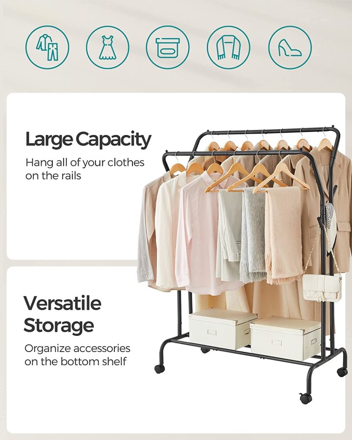 SONGMICS dobbelt tjstativ, m. 2 bjlestnger, 1 hylde, hjul - sort stl