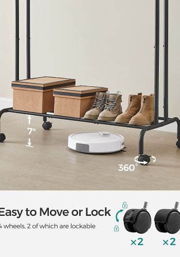 SONGMICS dobbelt tjstativ, m. 2 bjlestnger, 1 hylde, hjul - sort stl