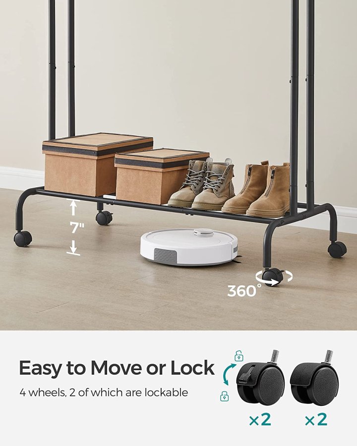 SONGMICS dobbelt tjstativ, m. 2 bjlestnger, 1 hylde, hjul - sort stl