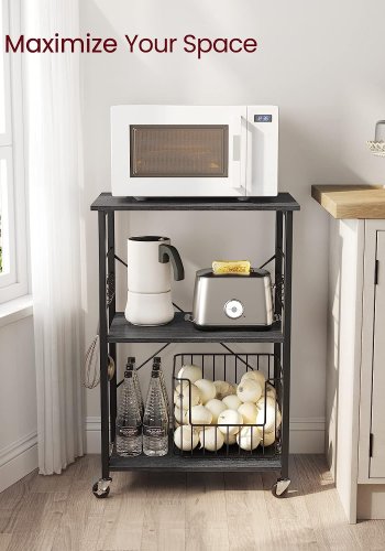 VASAGLE rullebord, m. 2 hylder, 6 S-kroge, hjul - sort spnplade og stl (60x40)