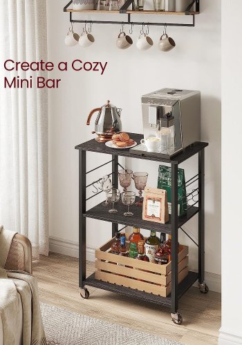 VASAGLE rullebord, m. 2 hylder, 6 S-kroge, hjul - sort spnplade og stl (60x40)