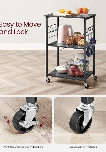 VASAGLE rullebord, m. 2 hylder, 6 S-kroge, hjul - sort spnplade og stl (60x40)