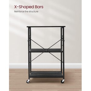 VASAGLE rullebord, m. 2 hylder, 6 S-kroge, hjul - sort spnplade og stl (60x40)