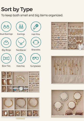 SONGMICS smykkeskrin, 5-lag, m. glasvindue, 3 sideskuffer, stort spejl - sky hvid PU og guld 