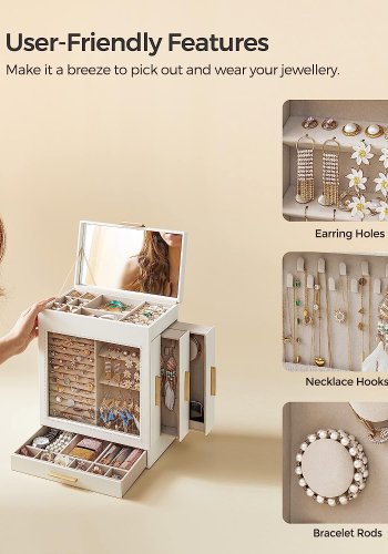 SONGMICS smykkeskrin, 5-lag, m. glasvindue, 3 sideskuffer, stort spejl - sky hvid PU og guld 