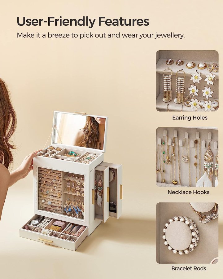 SONGMICS smykkeskrin, 5-lag, m. glasvindue, 3 sideskuffer, stort spejl - sky hvid PU og guld 