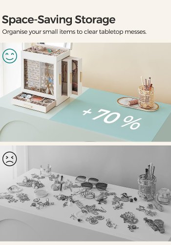 SONGMICS smykkeskrin, 5-lag, m. glasvindue, 3 sideskuffer, stort spejl - sky hvid PU og guld 