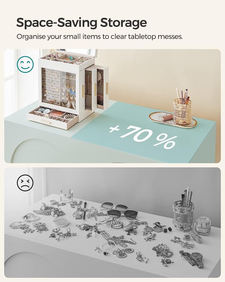 SONGMICS smykkeskrin, 5-lag, m. glasvindue, 3 sideskuffer, stort spejl - sky hvid PU og guld 