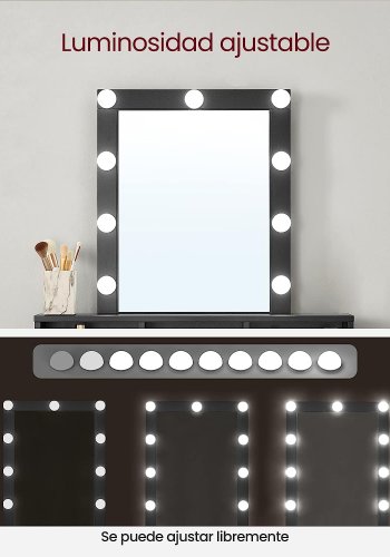VASAGLE Toiletbord, LED-lys med justerbar lysstyrke, Makeup-bord med spejl, 2 skuffer og 3 rum, moderne, sort RDT114T16