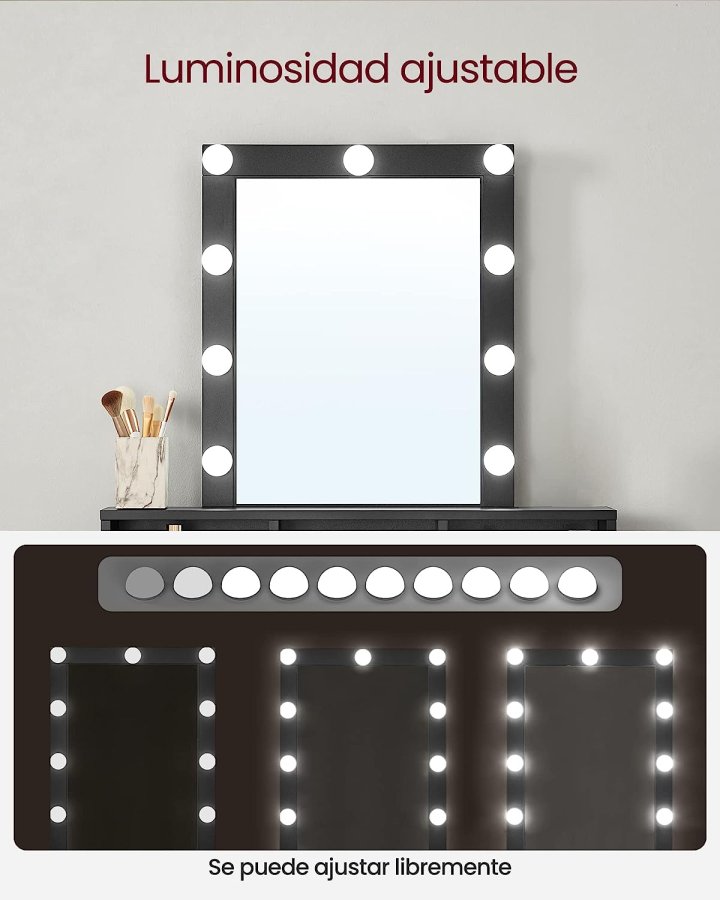 VASAGLE Toiletbord, LED-lys med justerbar lysstyrke, Makeup-bord med spejl, 2 skuffer og 3 rum, moderne, sort RDT114T16