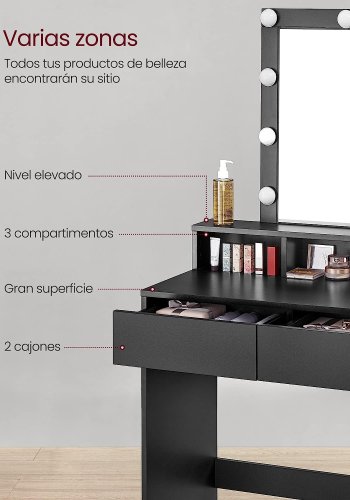 VASAGLE Toiletbord, LED-lys med justerbar lysstyrke, Makeup-bord med spejl, 2 skuffer og 3 rum, moderne, sort RDT114T16