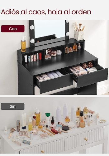 VASAGLE Toiletbord, LED-lys med justerbar lysstyrke, Makeup-bord med spejl, 2 skuffer og 3 rum, moderne, sort RDT114T16