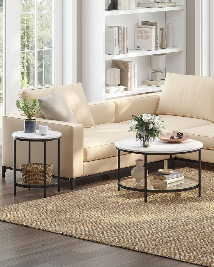 Vasagle LGT025B01 sidebord, m. 1 glashylde - hvid marmorlook spnplade og sort stl (45)