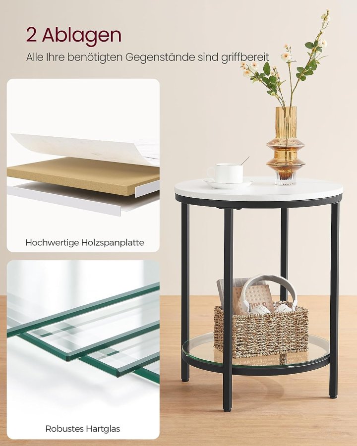 Vasagle LGT025B01 sidebord, m. 1 glashylde - hvid marmorlook spnplade og sort stl (45)