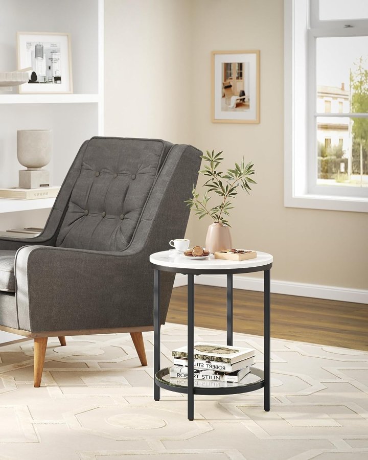 Vasagle LGT025B01 sidebord, m. 1 glashylde - hvid marmorlook spnplade og sort stl (45)