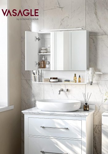 VASAGLE badevrelsesvgskab, m. spejl, LED-lampe, 3 lger, hylde, hrtrrerholder - hvid tr/stl