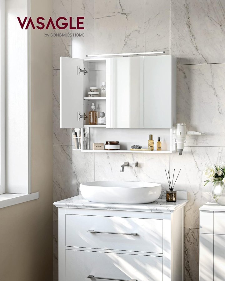 VASAGLE badevrelsesvgskab, m. spejl, LED-lampe, 3 lger, hylde, hrtrrerholder - hvid tr/stl