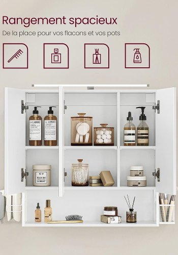 VASAGLE badevrelsesvgskab, m. spejl, LED-lampe, 3 lger, hylde, hrtrrerholder - hvid tr/stl