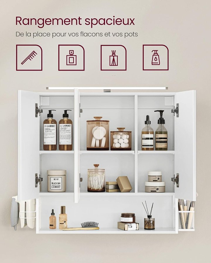 VASAGLE badevrelsesvgskab, m. spejl, LED-lampe, 3 lger, hylde, hrtrrerholder - hvid tr/stl