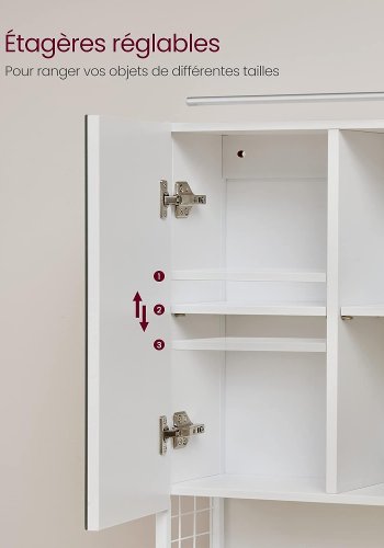 VASAGLE badevrelsesvgskab, m. spejl, LED-lampe, 3 lger, hylde, hrtrrerholder - hvid tr/stl