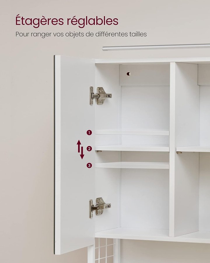 VASAGLE badevrelsesvgskab, m. spejl, LED-lampe, 3 lger, hylde, hrtrrerholder - hvid tr/stl