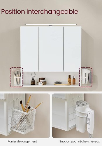 VASAGLE badevrelsesvgskab, m. spejl, LED-lampe, 3 lger, hylde, hrtrrerholder - hvid tr/stl