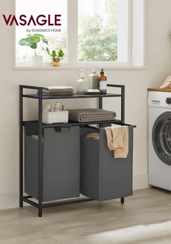 VASAGLE vasketjskurv, m. 2 rum, 2 hylder, 2 udtrkkelige og aftagelige poser - gr stof/sort stl